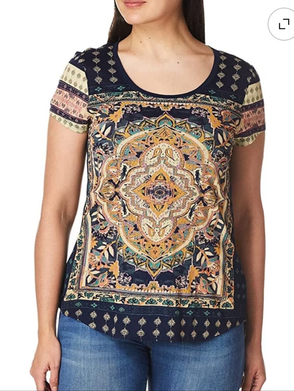 Lucky Brand Navy Multicolor Medallion Short Sleeve Tee